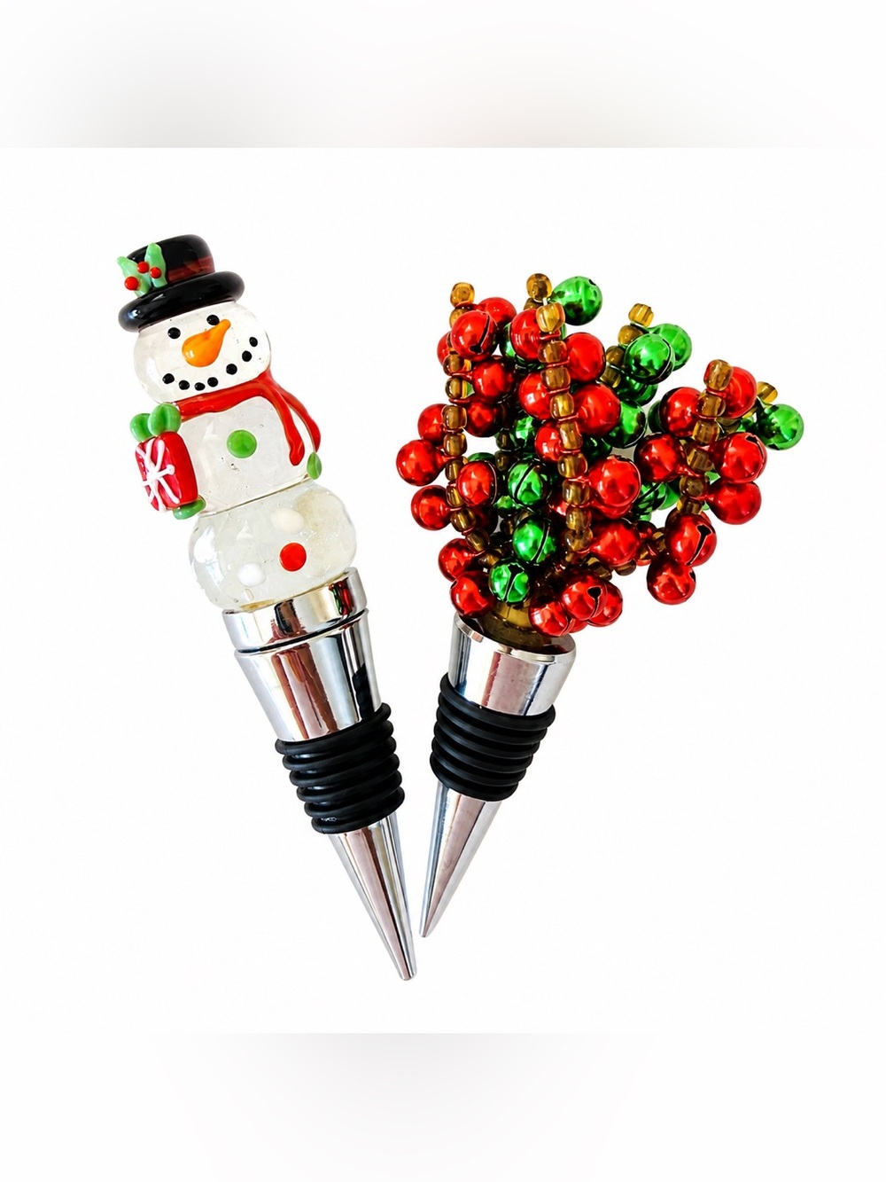 Pier 1 Christmas Wine Bottle Stoppers Light Up Snowman Jingle Bells Set 2